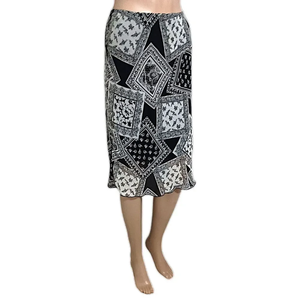 Y2K Patchwork Print Midi Skirt Sz S Sheer Overlay Lettuce Hem‎ Bohemian Grunge